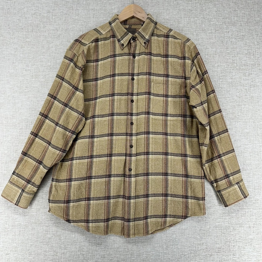 St. John's Bay Shirt Mens Large Beige Plaid Flannel Long Sleeve Button Up Casual